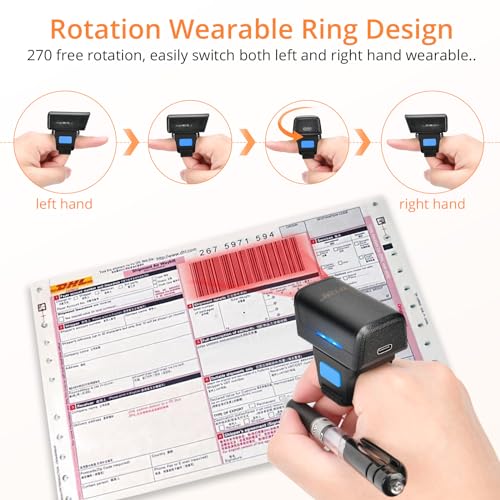 1D 2D Bluetooth Portable Ring Barcode Scanner, Wearable Mini Barcode Reader with Wireless 2.4Ghz &Bluetooth &USB Wired 3 in 1, Connectable Windows/Mac OS/Android