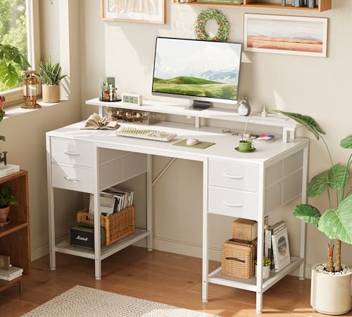Huuger 47 inch Computer Desk with Power Outlets & 4 Drawers - color: White, size: 47 Inch