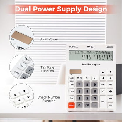 Desk Calculator 2 Line Large Display Big Buttons Vat Calculators | Dual Solar Power and Battery, Calculator with Tax and Check Function for Office, Home, School and Business（OA-635） - size: OA-635