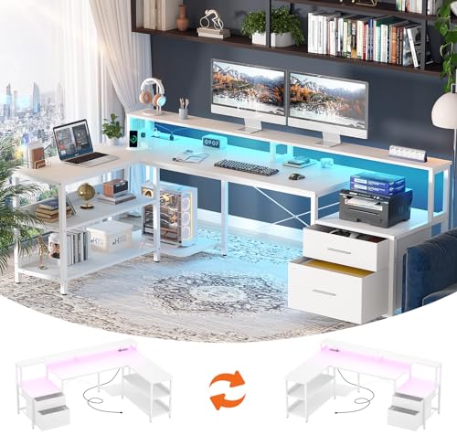 Aheaplus L Shaped Desk with Power Outlet & LED Strip, L Shaped Gaming Desk