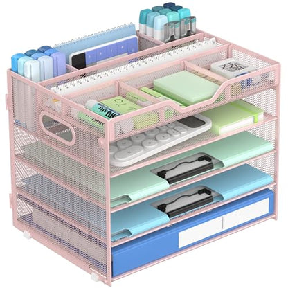 Docnest 5 Tier Mesh Desk Organizer with Removable Tray&Pen Holder, Pink - color: Pink, size: 12.6"x9.1"x10.3"
