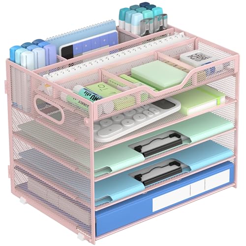Docnest 5 Tier Mesh Desk Organizer with Removable Tray&Pen Holder, Pink - color: Pink, size: 12.6"x9.1"x10.3"