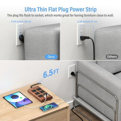 TOPREK Surge Protector Power Strip (2100J), 6 Widely-Spaced Outlets with 2 USB-C & 2 USB-A, 6.5 FT Extension Cord with Ultra-Thin Flat Plug, Wood Finish Power Strip with USB for Home, Office
