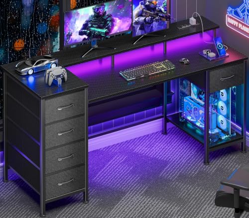 Korfile 55 Inch Gaming Desk with Power Outlets and LED Lights, Reversible Computer Desk with 5 Fabric Storage Drawers, Home Office Desk with Monitor Stand for Working Writing Study, Carbon Fiber Black - color: Carbon Fiber Black, size: 55 Inch