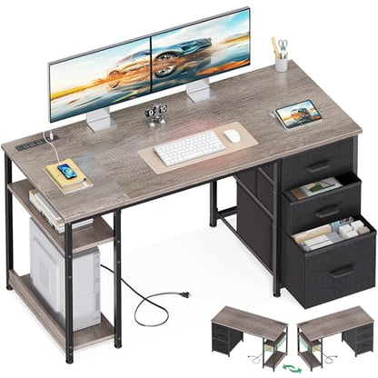 AODK 51 Inch Computer Desk with Drawers & USB Power Outlets - color: Grey Oak, size: 51 Inch