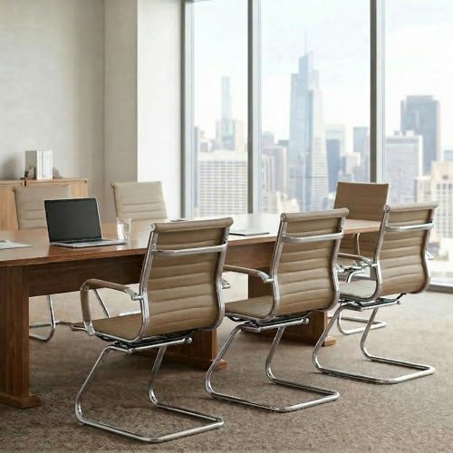 Waiting Room Chairs Set of 6, Office Desk Chair No Wheels, PU Leather Computer Chairs Mid Back Guest Chairs for School Reception Conference, Light Brown - color: Light Brown, size: 6PCS
