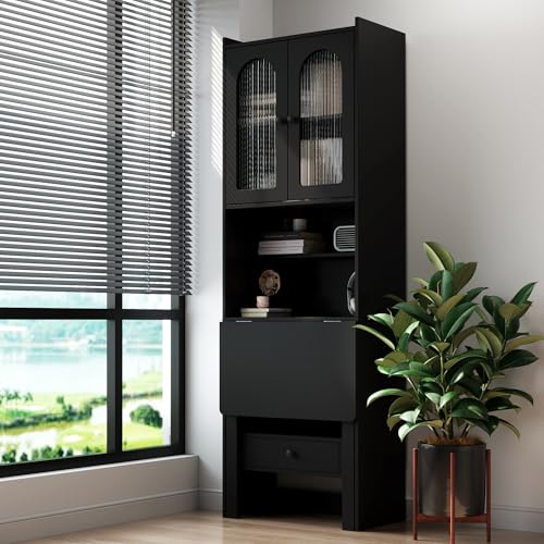 roomfitters Fold-Out Writing Table Secretary Desk with Fluted Glass Door Hutch Storage Cabinet Home Office, Black
