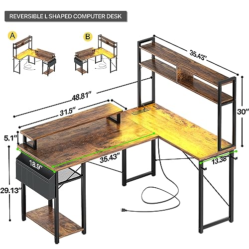 Aheaplus Small L Shaped Desk Gaming Desk with LED Lights & Power Outlets - color: Rustic Brown
