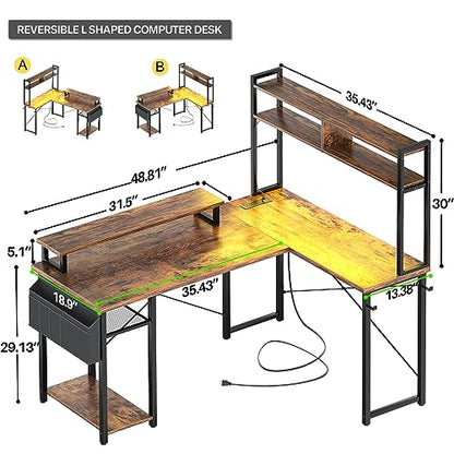 Aheaplus Small L Shaped Desk Gaming Desk with LED Lights & Power Outlets - color: Rustic Brown