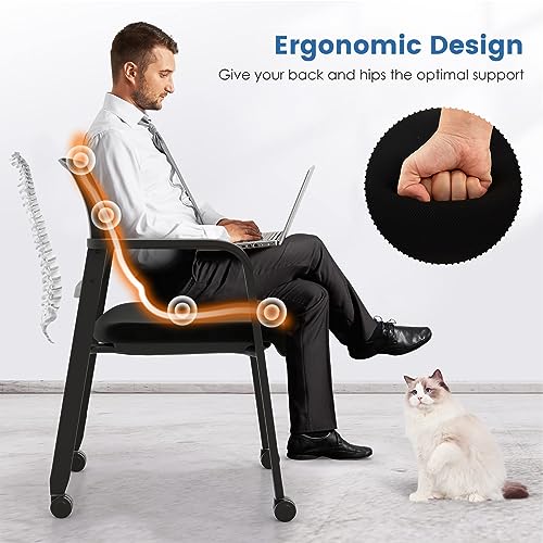 Tangkula Rolling Conference Room Chairs Set of 8, Stackable Office Guest Mesh Chairs with Armrests and Wheels, Ideal for Waiting Room Office, School, Lobby (Black) - color: Black, size: Set of 8