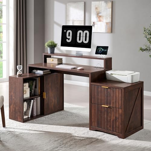 67" Modern Desk with Storage Cabinet & 2 Drawers, Built‑in Outlet - color: Dark Walnut, size: 33"D x 67"W x 35.5"H