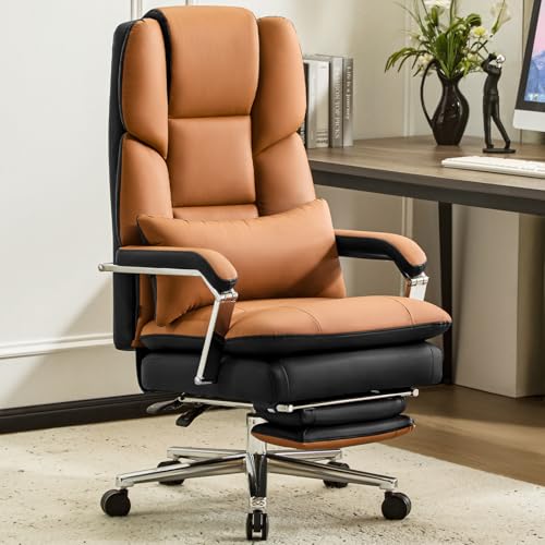 Furniliving Big and Tall Office Chair 500lbs,High Back Executive Leather Office Chair with Footrest,Wide Seat Reclining Desk Chair with Lumbar Support, Armrest, Brown - color: Brown 2