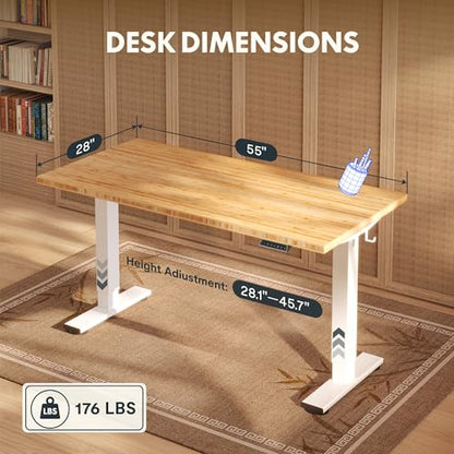 FLEXISPOT 55" x 28" Solid Bamboo Standing Desk, White Frame | Real Bamboo Desktop with Natural Grain, Durable & Sustainable, 176 LBS Capacity, Home Office and Multi-Monitor Setups - color: White Frame, size: 55"x28"