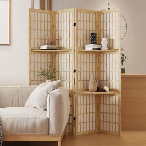 Room Divider with Shelves, 66.9-Inch Tall Japanese Shoji Style Wood Screen with Double Hinges for Home Office Bedroom Hotel Decoration (4 Panels, Natural) - color: Natural - Shelves, size: 4 Panels