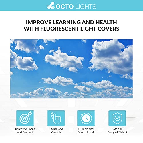 OCTO LIGHTS Fluorescent Light Covers for Classroom Office - Eliminate Harsh Glare Causing Eyestrain and Headaches. Office & Classroom Decorations - Cloud 001-2pk | ASTM E84 & UL723 Fire Safety Certified | Reduces Glare & Eye Strain | Easy Drop-In Install