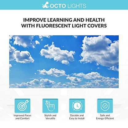 OCTO LIGHTS Fluorescent Light Covers for Classroom Office - Eliminate Harsh Glare Causing Eyestrain and Headaches. Office & Classroom Decorations - Cloud 001-2pk | ASTM E84 & UL723 Fire Safety Certified | Reduces Glare & Eye Strain | Easy Drop-In Install