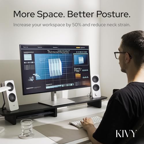 KIVY Dual Monitor Riser with Integrated Metal Shelf - Wooden desk shelf