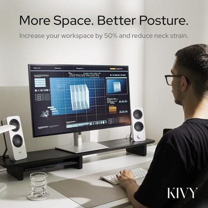KIVY Dual Monitor Riser with Integrated Metal Shelf - Wooden desk shelf