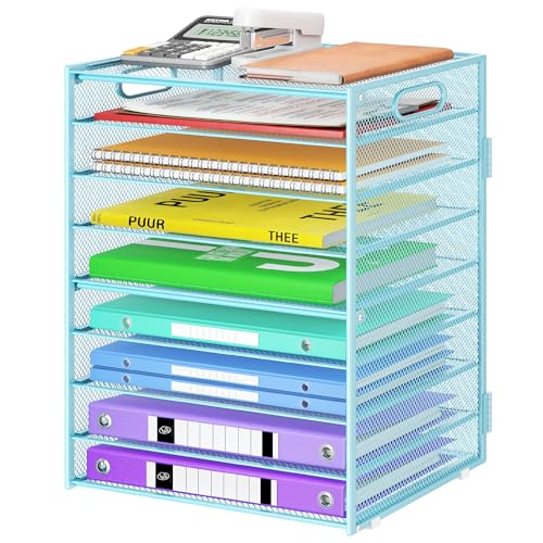 Cawukege 9 Tier Paper Organizer with Handle, Large Capacity Desk Organizer Mesh File Folder Letter Paper Tray Desktop Document Sorter for Classroom, School, and Office Accessories Organization- Blue - color: 1 Pack - Blue