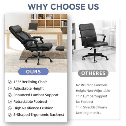 Office Chair, Big and Tall Office Desk Chair, Reclining Office Chair with Footrest Home Office Desk Chairs, High Back Ergonomic with Lumbar Support, Executive Leather - color: Black, style: With Footrest