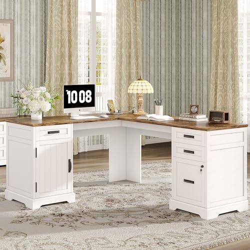Alohappy 67'' L Shaped Desk with Drawers, Farmhouse Corner Computer Desk with File Storage and Charging Station for Home Office, White - color: White, size: 67''