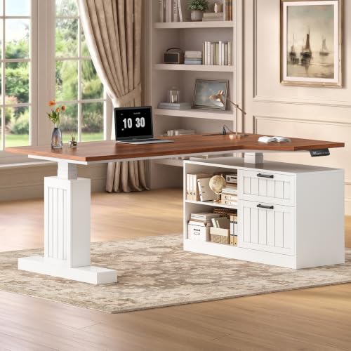 59" Farmhouse L Shaped Standing Desk with File Drawers, Electric Executive Desk Adjustable Height with Power Outlets, Storage Shelves, Sit Stand Corner Computer Desk for Home Office, White - color: Walnut+white