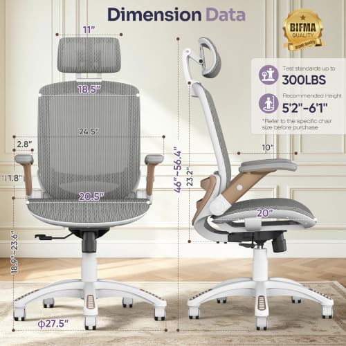 GABRYLLY Ergonomic Office Chair, High Back Home Desk Chair with 2D Flip-Up Arms, 3D Headrest, 90-120° Tilt and Wide Cushion, Big and Tall Mesh Chairs for Man Woman, White Computer Task Chair - color: White Frame White Mesh