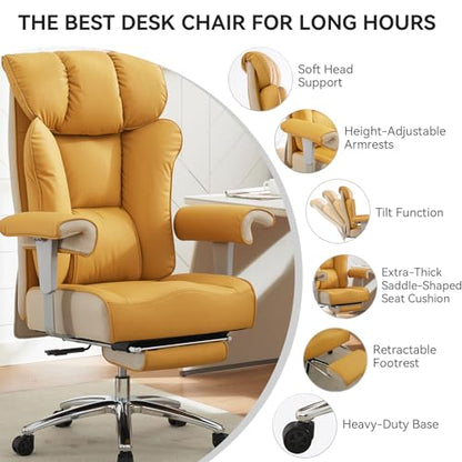 Efomao Big and Tall Green Office Chair 450LBS – Ergonomic High-Back Executive Chair with Footrest, Adjustable Padded Armrests, PU Leather Computer Chair with Lumbar Support for Home or Office, Yellow - color: 3060-yellow