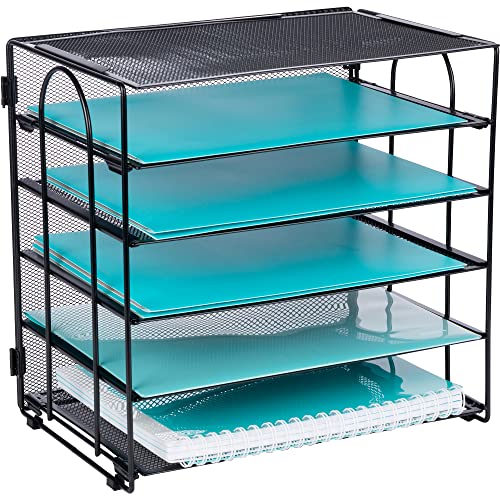 Desk Organizer Tray, Letter Tray in Black Metal Mesh for Organizing Files, Papers, Bills, Folders, Letters, and Binders. Desktop Paper Rack for Home, Office, or School (5 Tier - New)