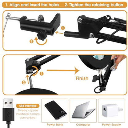 10X Magnifying Glass with Light, Clamp Design, 48 LEDs, Hands Free(Black)