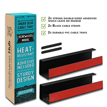 Scanfield Under Desk Cable Management Tray, No-Screw, 17-Inch, 2-Pack Black - color: Black, size: 2pcs Self Adhesive