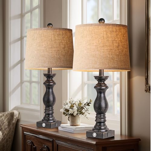 24.5" Table Lamp Set of 2, Rustic Farmhouse Bedside Lamps with USB A+C Charging Ports, 3-Way Dimmable Touch Control Nightstand Lamps for Living Room Bedroom, Antique Black, LED Bulbs Included - color: Antique Black