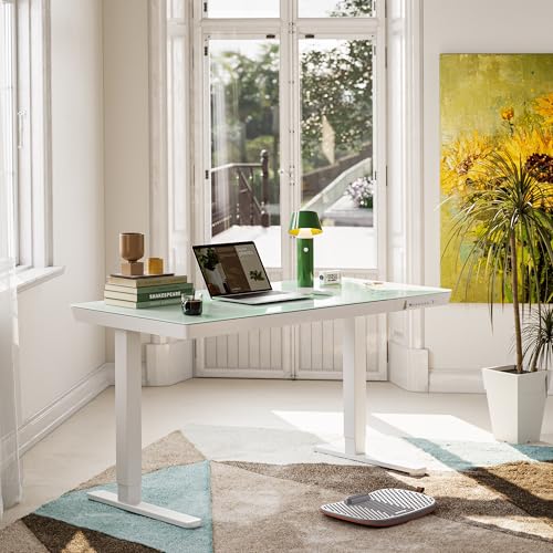 FEZIBO 48 × 24 Electric Standing Desk with Drawers, Whole-Piece Glass Adjustable Height Desk, One-Piece Quick Install Adjustable Sit Stand Desk, White - color: White, size: 48 inch