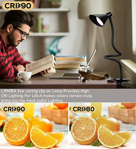 LiFMIRA Clip on Light USB Reading Light Desk Lamp 3 Color Modes Black | 10 Brightness Levels Eye Care Clamp Light Flexible Dimmable Reading Lamp Clip on Lamp for Bed Headboard Desk Bedside Dorm - color: Black