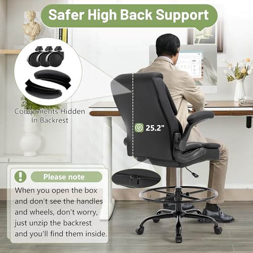 500LBS Drafting Chair, High Back Safer Standing Desk Chair, Executive Tall Office Chair with Flip-up Armrests, Upholstered PU Leather Task Chair, Ergonomic Seat with Adjustable Height&Foot Ring, Black - color: Black