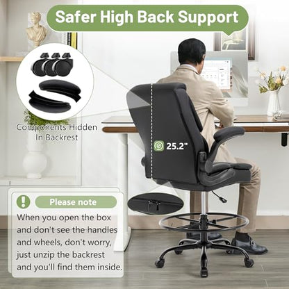 500LBS Drafting Chair, High Back Safer Standing Desk Chair, Executive Tall Office Chair with Flip-up Armrests, Upholstered PU Leather Task Chair, Ergonomic Seat with Adjustable Height&Foot Ring, Black - color: Black