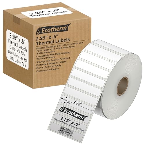 2.25" x .5" Thermal Labels | 4 Rolls | 13840 Labels | fits Zebra, Munbyn, Rollo, Godex, Arkscan, iDPRT, Offnova Thermal Label Printers and More | Blank White Adhesive Stickers by Ecotherm - size: 2.25 x .5 White - 13840 Labels