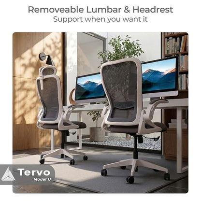 Tervo Model U - Folding Office Chair - Ergonomic Design for Small Spaces - color: H- White & Grey