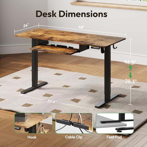 48 x 24 Inch Electric Standing Desk with Keyboard Tray, Brown | 3-Year Free Motor Replacement, 28.3-46.5 in Height, 3 Presets, 45 dB or Less, 154 lb Capacity, Keyboard Tray - color: Brown, size: 48X24