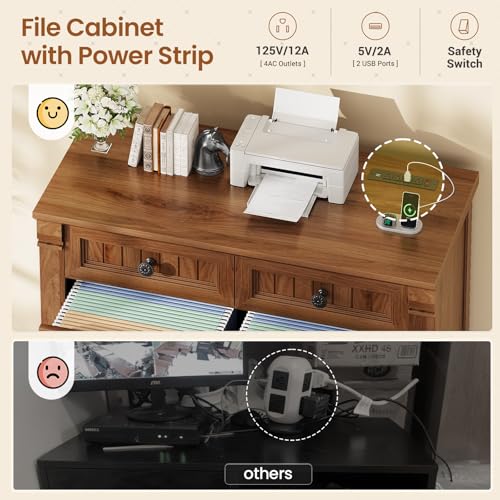 SEDETA 4 Drawers File Cabinet, 33" Farmhouse Filing Cabinets for Home Office fit Legal/Letter/A4 File, Wood Office File Cabinet with Power Outlets, Printer Stand with Storage, Brown - color: Brown