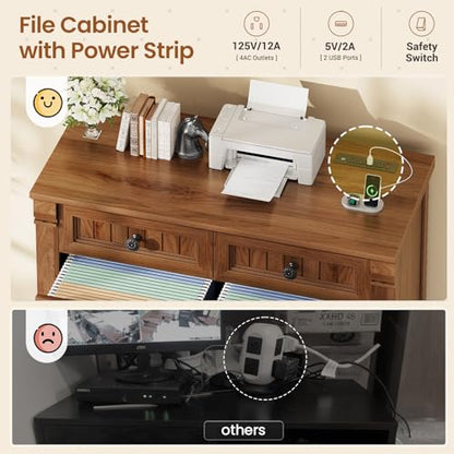 SEDETA 4 Drawers File Cabinet, 33" Farmhouse Filing Cabinets for Home Office fit Legal/Letter/A4 File, Wood Office File Cabinet with Power Outlets, Printer Stand with Storage, Brown - color: Brown