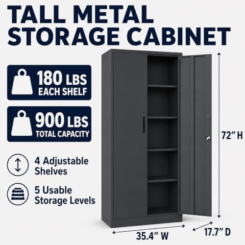 SAWJEC 72 Inch Locking Metal Garage Storage Cabinet, 4 Adjustable Shelves | 35.4"W x 17.7"D, 2 Locking Doors, Black Steel Cabinet for Garage, Office, Home and Utility Room - color: Black, size: 18"D x 35"W x 72"H