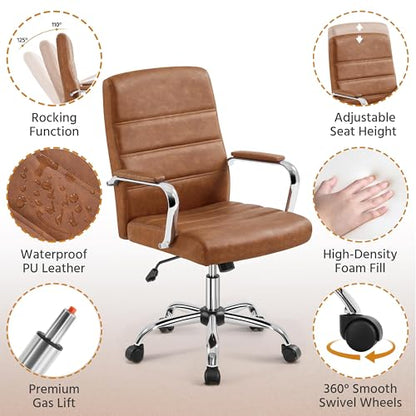 Yaheetech Retro Brown Office Chair PU Leather Rocking Desk Seat with Arms | Foam-padded channel-stitched PU leather back supports desk hours; chrome frame rocks, adjusts in height, rolls on casters. - color: Retro Brown