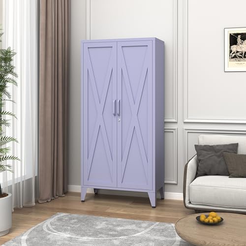 Purple Metal Pantry Cabinet with Lock,Freestanding Steel Storage Locker with 3 Adjustable Shelves,Heavy Duty Metal Storage Cabinet for Kitchen, Living Room,Laundry,Garage 61" H X 27.6" W X 13.8" D - color: Purple, style: 61"H-Cabinet-DX