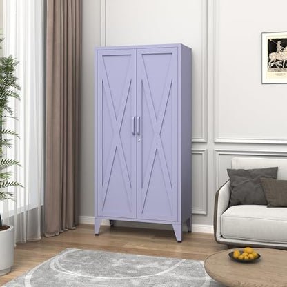 Purple Metal Pantry Cabinet with Lock,Freestanding Steel Storage Locker with 3 Adjustable Shelves,Heavy Duty Metal Storage Cabinet for Kitchen, Living Room,Laundry,Garage 61" H X 27.6" W X 13.8" D - color: Purple, style: 61"H-Cabinet-DX