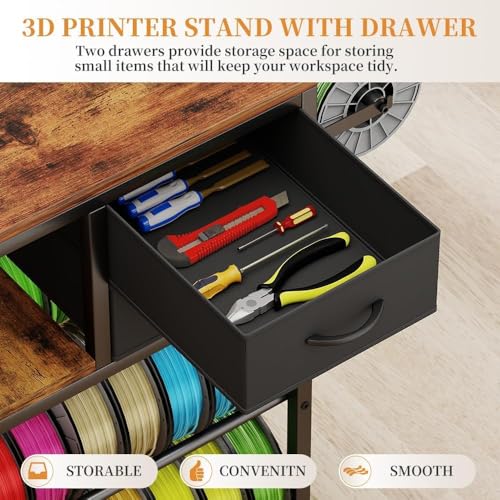 3D Printer Stand with Filaments Storage, Rolling 3D Printer Table Filament Storage Rack with Drawer and Lockable Wheels, Heavy Duty Spool Organizer Rack for Workshop Studio Office