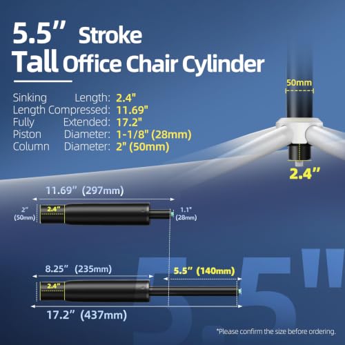 9 Inches to 15 Inches Short Office Chair Cylinder Replacement, 5.5" Stroke, Heavy Duty 1000 lbs, Lower the Seat Height by 2", Fits for Office Chair High Base Short Person, Class4 (Sinking 2.4") - size: 5.5'' Travel Length(Sinking 2.4")