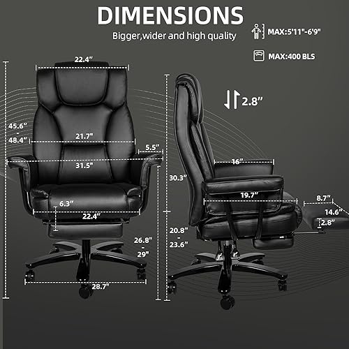 Reclining Office Chair with Footrest, Big and Tall Home Office Desk Chairs 400lbs with High Back, Criss Cross Wide Seat, Heavy Duty Base, Pu Leather, Black - color: Black