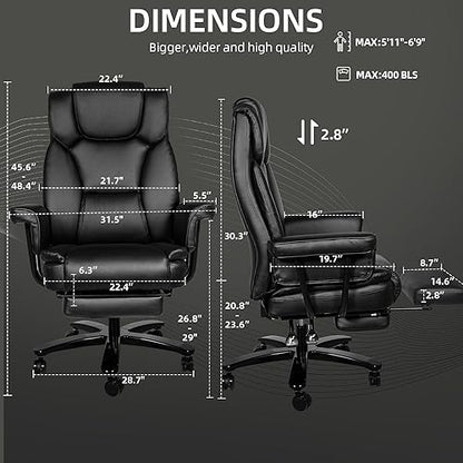 Reclining Office Chair with Footrest, Big and Tall Home Office Desk Chairs 400lbs with High Back, Criss Cross Wide Seat, Heavy Duty Base, Pu Leather, Black - color: Black
