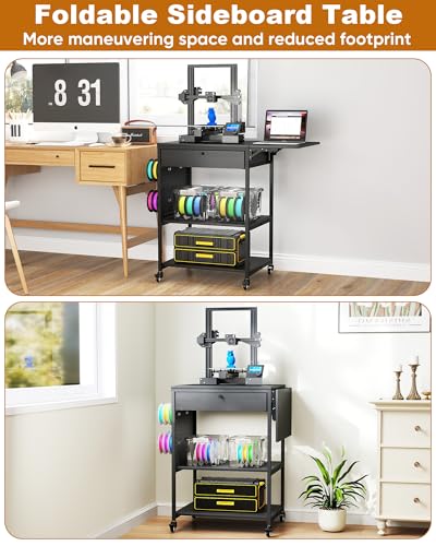Baoz 4 Tier 3D Printer Stand with Filament Storage & Lockable Wheels(Black) | 3D Printer Table with 1 Drawer, Rolling 3D Printer Cart with 4 Spool Hooks, Sturdy 3D Printer Desk for Studio, Home Office